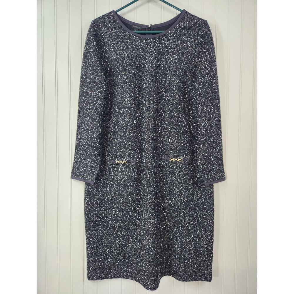 Talbots Womens Black White Tweed Knit Sheath Dress Horsebit Detail Size 14